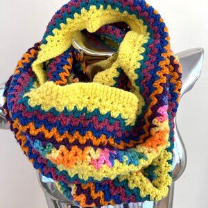 Handmade Colorful Crochet Infinity Scarf Zig Zag Stripe 8X60" Retro Boho VTG
